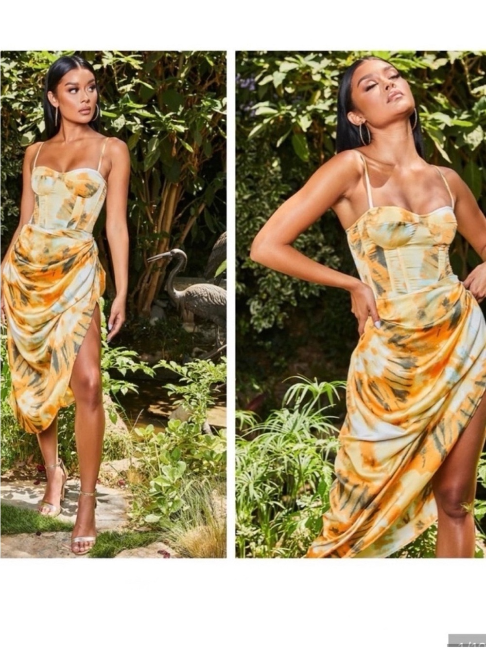 PrettyLittleThing Yellow Orange Tie-Dye Draped Bustier Midi Skirt